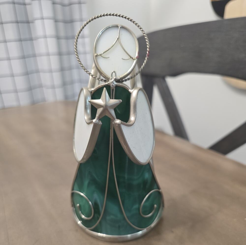 VTG Angel Stained Glass Tealight Holder Green/White/Silver Holding Star Xmas